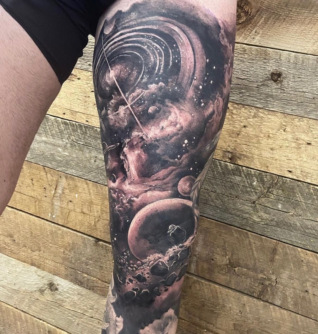 Space Leg Sleeve by Sarah Michelle at Crimson Empire Tattoo in Edmonton Alberta Canada