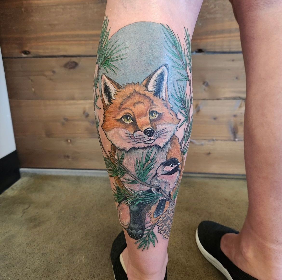 Fox anf Chickadee Tattoo by Sheila Anderson at Crimson Empire Tattoo in Edmonton Alberta Canada