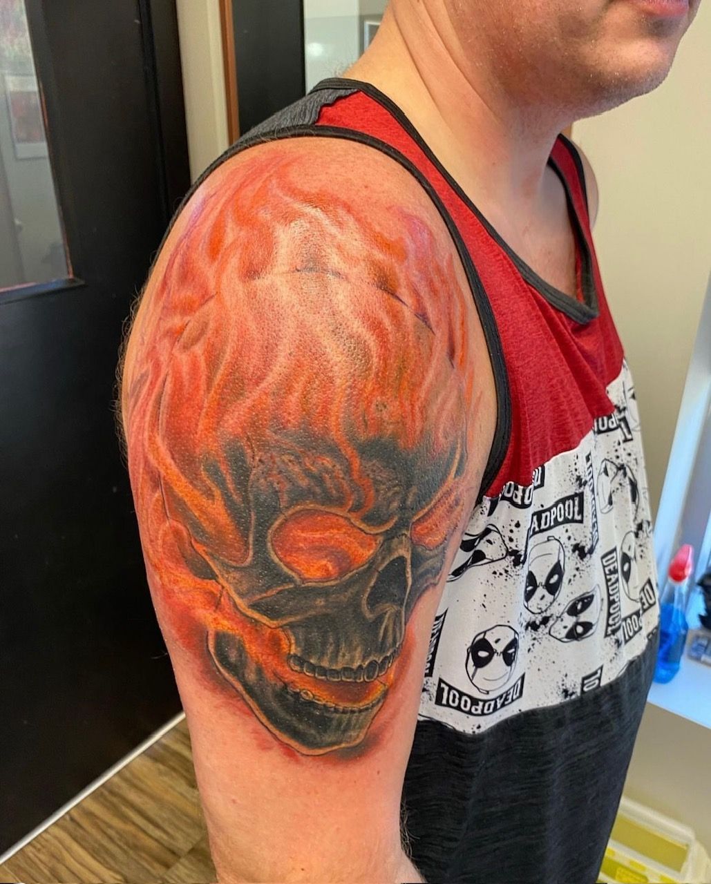 Flaming Skull Tattoo by Steve Hayes at Black Gold Tattoo Co in Edmonton Alberta Canada