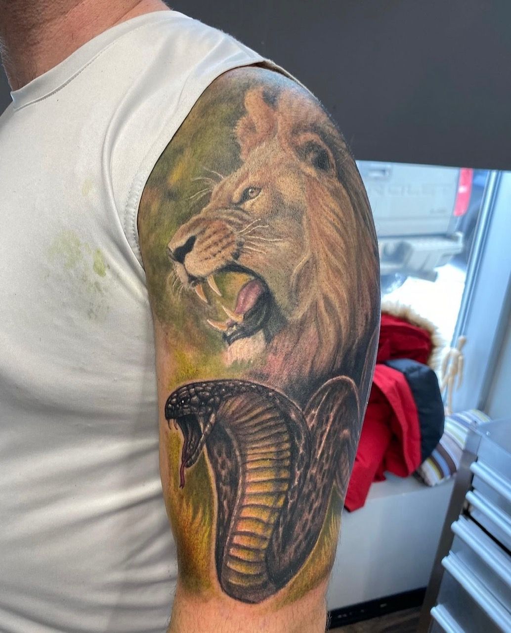 Lion and Cobra Tattoo by Steve Hayes at Black Gold Tattoo Co in Edmonton Alberta Canada