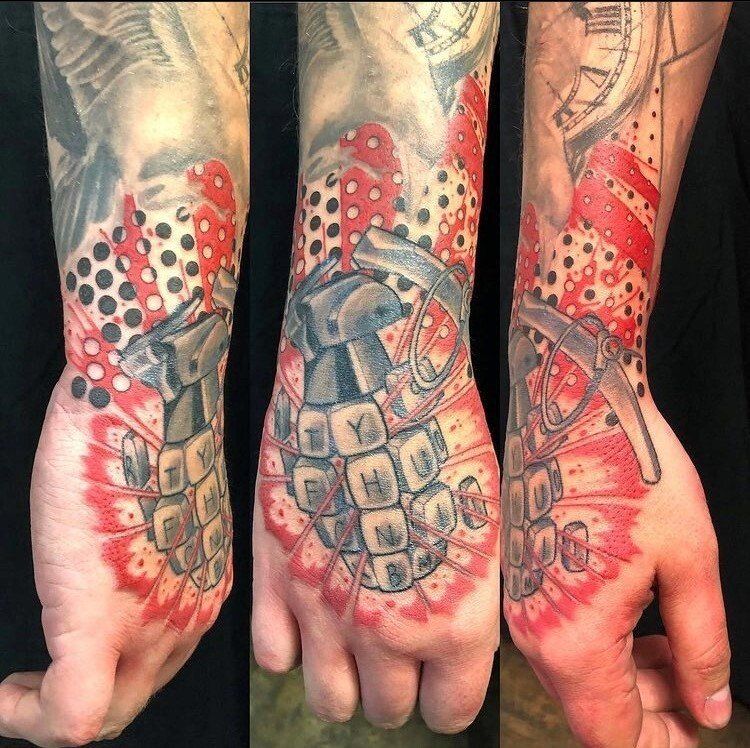 Grenade Tattoo by Trevor Pelletier at Black Gold Tattoo Co in Edmonton Alberta Canada