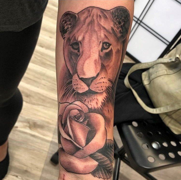 Lioness and Rose Tattoo by Trevor Pelletier at Black Gold Tattoo Co in Edmonton Alberta Canada
