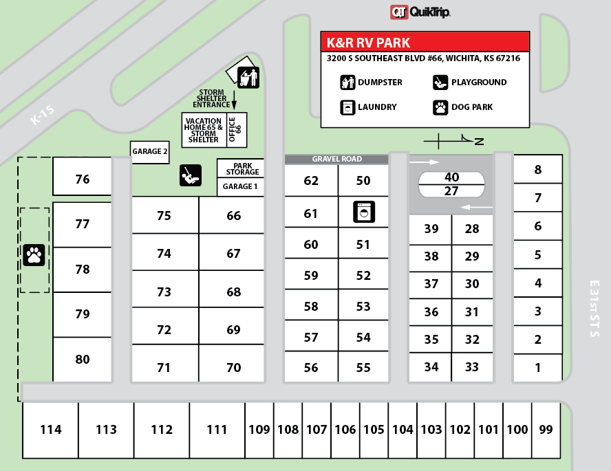 A map of a campground with a red sign that says k & r by park
