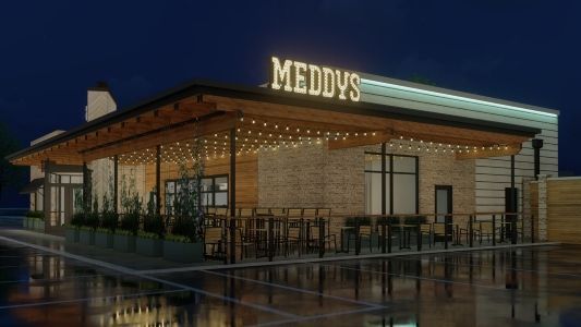An artist 's impression of a restaurant called meddy 's at night.