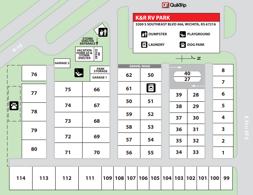 A map of a campground with a red sign that says k & r by park