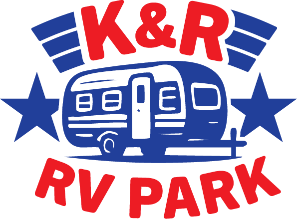 A blue and red logo for k & r rv park