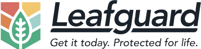 Leafguard logo with a green leaf shield and the tagline “Get it today. Protected for life.”