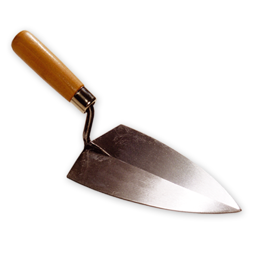 A brick trowel with a wooden handle on a white background