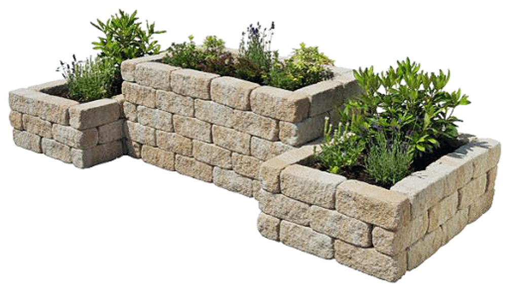 A row of stone planters filled with plants on a white background