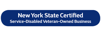 A blue button that says new york state certified service-disabled veteran-owned business