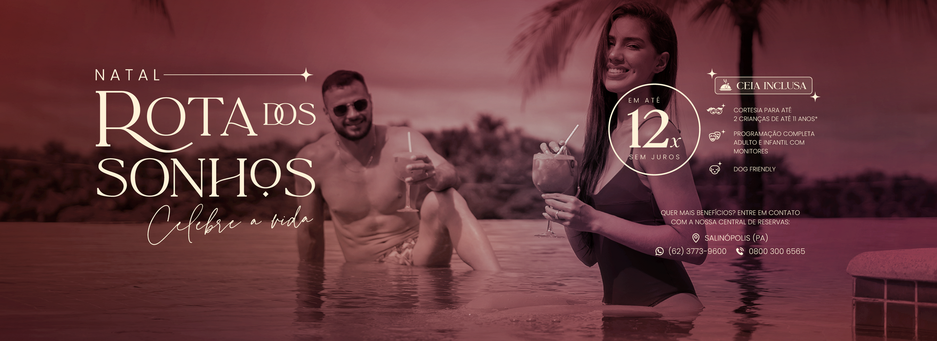 Casal em uma piscina segurando bebidas, anúncio de viagem de luxo com texto sobreposto.