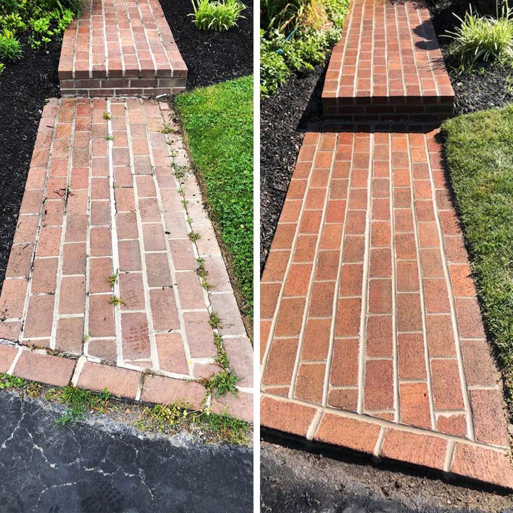 Before and after comparison of a brick walkway, showing it cleaned of weeds and grime.
