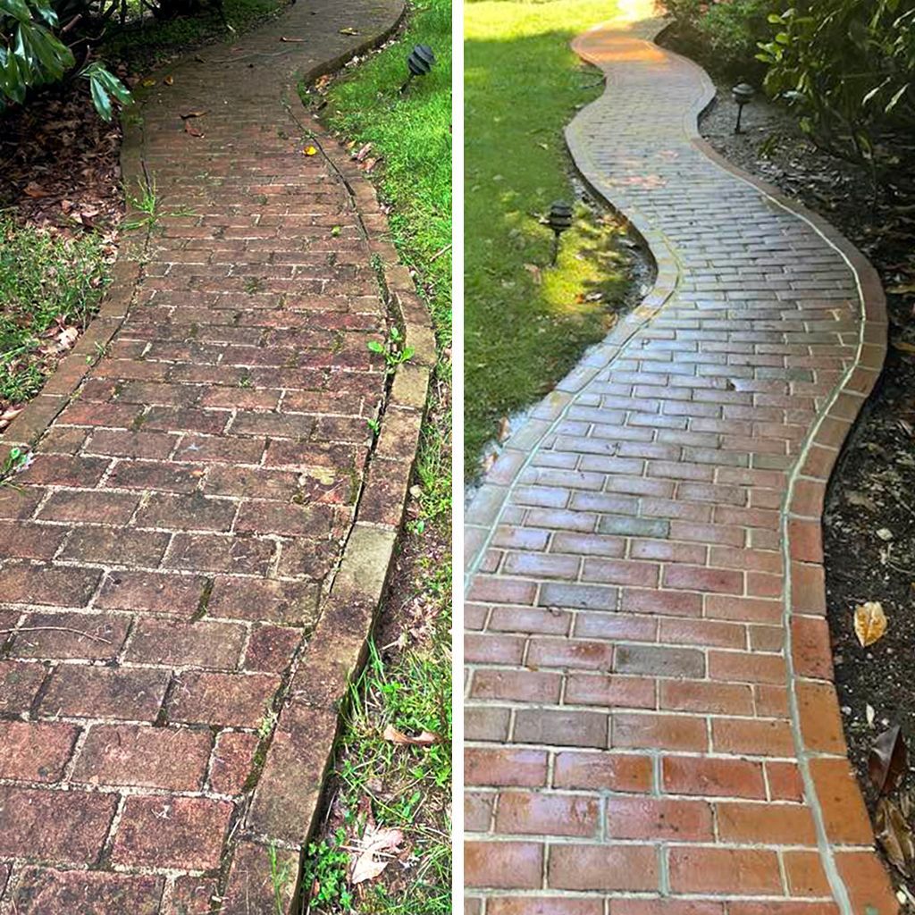 A side-by-side comparison of a brick garden path, showing before and after power washing.