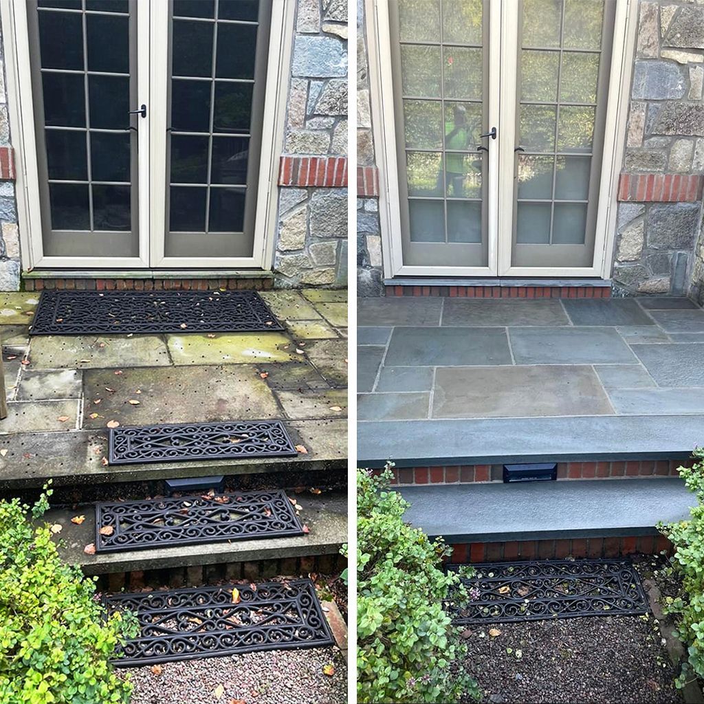 A split-screen comparison of a patio before and after cleaning and restoration, showing dark, pristine stone steps.