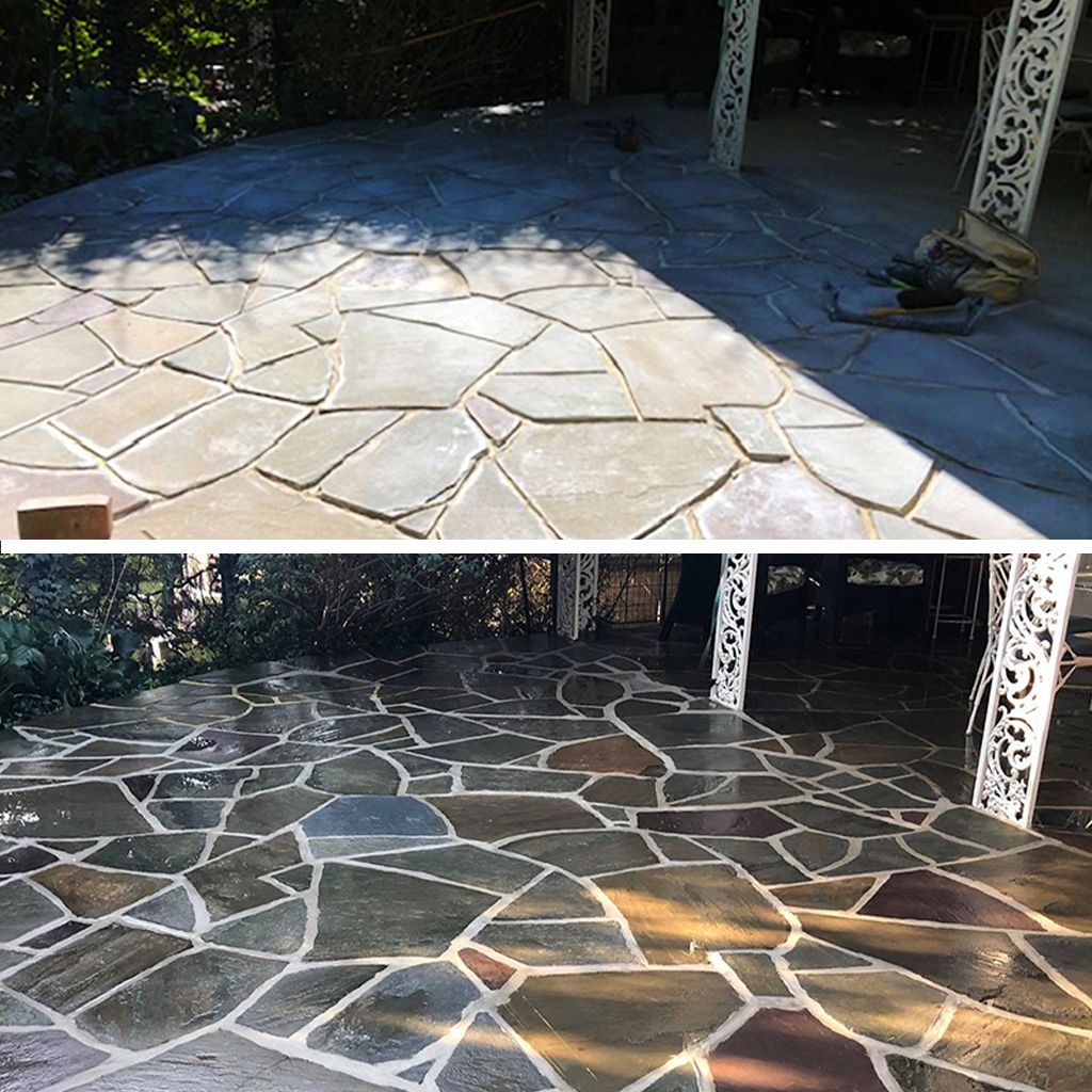 Before and after comparison of a stone patio, showing it dull and dry above and wet with enhanced color below.