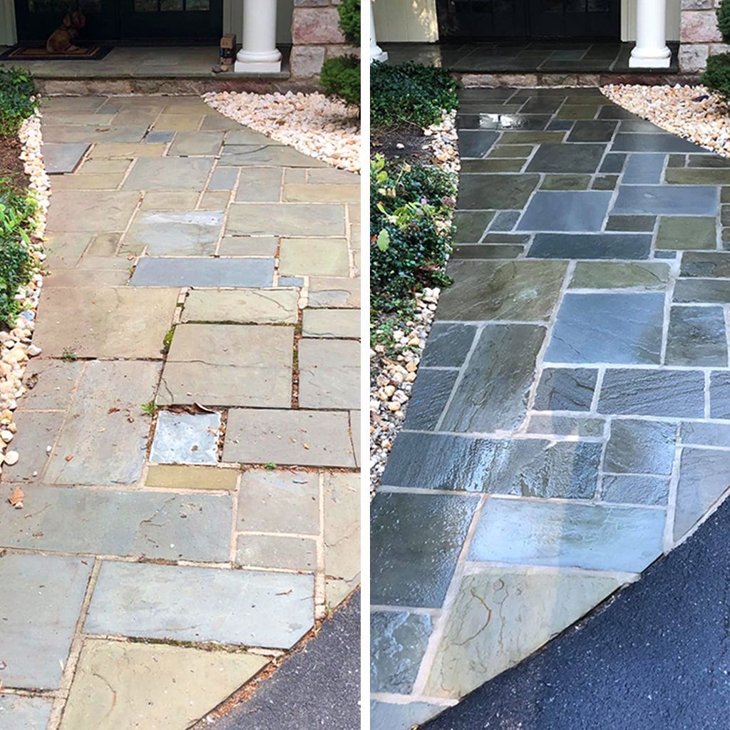 Before and after view of a stone walkway being pressure washed, showing a transition from dull, stained to clean stone.