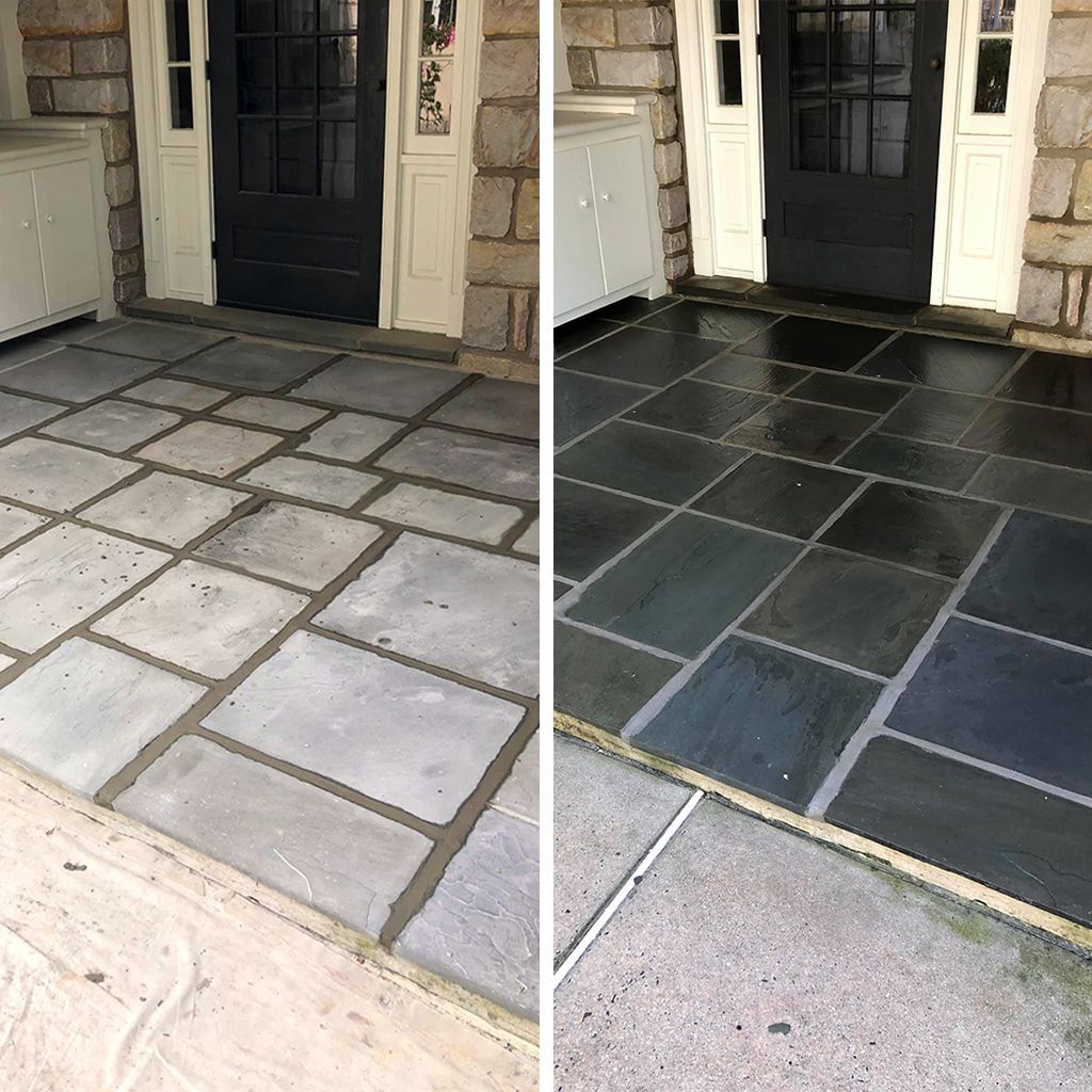 A side-by-side comparison of a stone porch before and after applying a dark, wet-look sealant to enhance its color.
