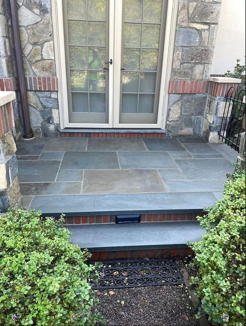Stone patio with steps leading to French doors; greenery on either side.