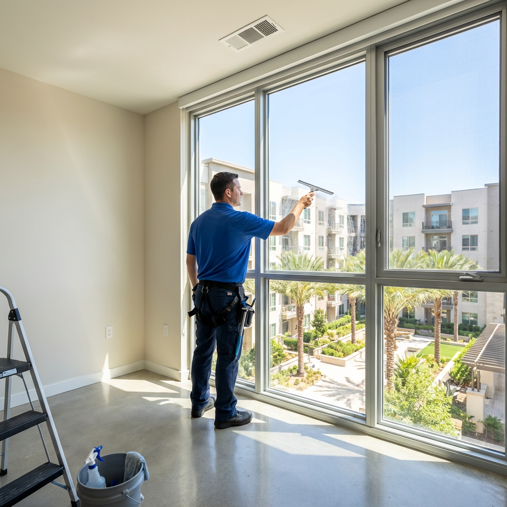 Professional window cleaner cleaning interior windows of a vacant Irvine rental apartment