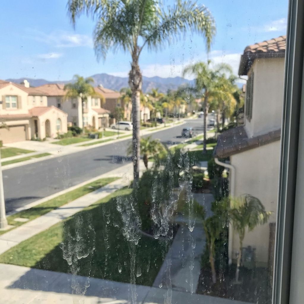 Severe hard water stains and mineral buildup on residential window