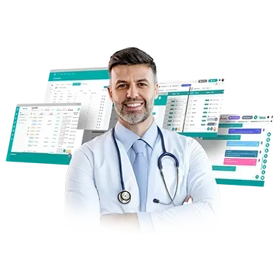 Médico sorridente com estetoscópio, braços cruzados e registros médicos eletrônicos flutuando ao fundo.