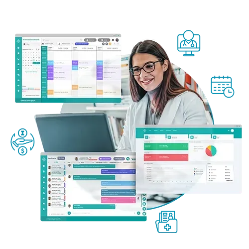 Mulher de óculos usando um laptop e várias telas, com a interface de um software médico em exibição.