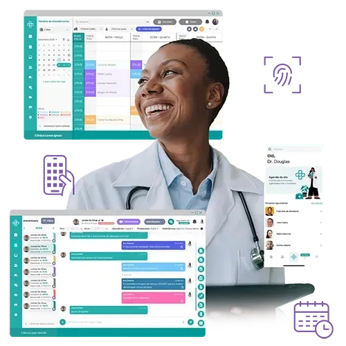 Médico sorridente com estetoscópio, cercado por telas que exibem agendamento de consultas, mensagens e recursos do aplicativo móvel.