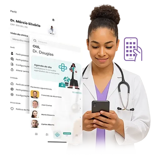 Médico usando um smartphone, com capturas de tela de aplicativos exibidas; jaleco branco, estetoscópio, interface do aplicativo.