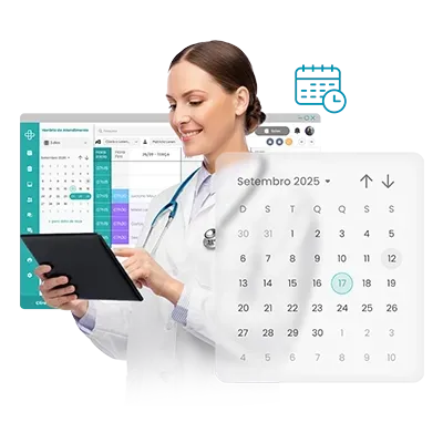 Mulher de jaleco branco usando um tablet com interface de calendário, sorrindo.