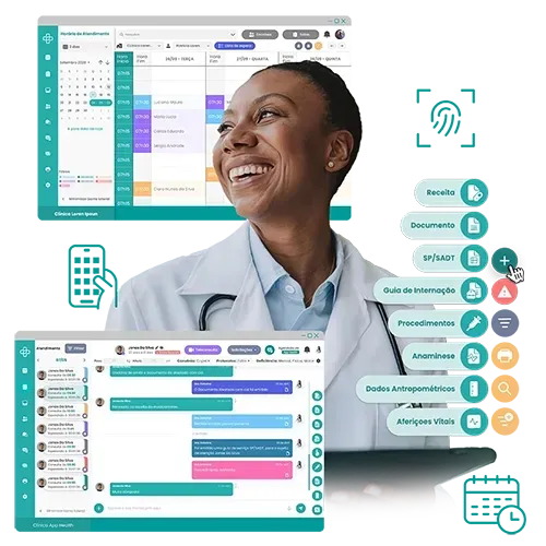 Gestão completa e inteligente para Clínicas e hospitais Médico sorridente com interface de software médico digital e agendador de consultas.
