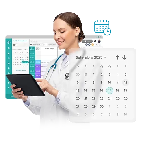 Médica usando um tablet com interface de calendário para agendar consultas.