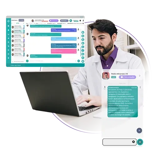 Médico usando um laptop e um celular para conversar por meio de telemedicina; o laptop.