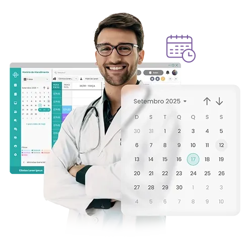 Médico de óculos sorrindo, com interface de calendário. Datas de setembro de 2025 visíveis no calendário.