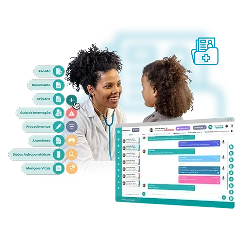 Médico em consulta com uma criança, interface exibindo prontuários médicos e mensagens.