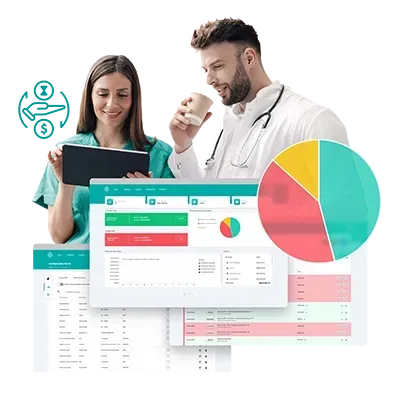 Profissionais da área médica utilizando tablets e visualizações de dados; ícone financeiro.