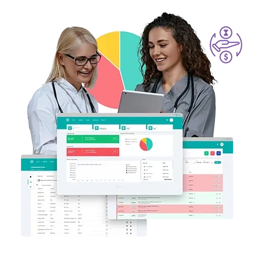 Dois profissionais da área médica analisando um tablet e a interface de um painel com gráficos e ícones financeiros.