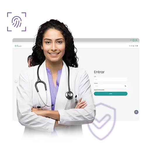 Um profissional médico sorridente, de jaleco branco e com estetoscópio, está em frente a uma tela de login.