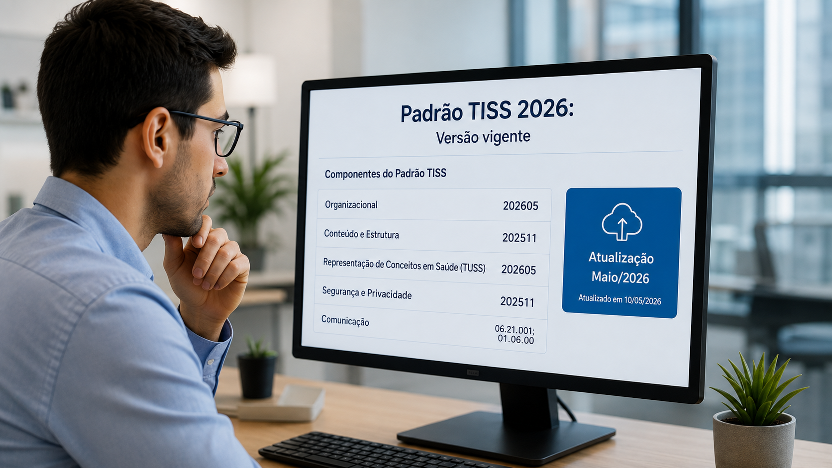 Analista conferindo o Padrão TISS 2026 em sistema de faturamento para clínicas