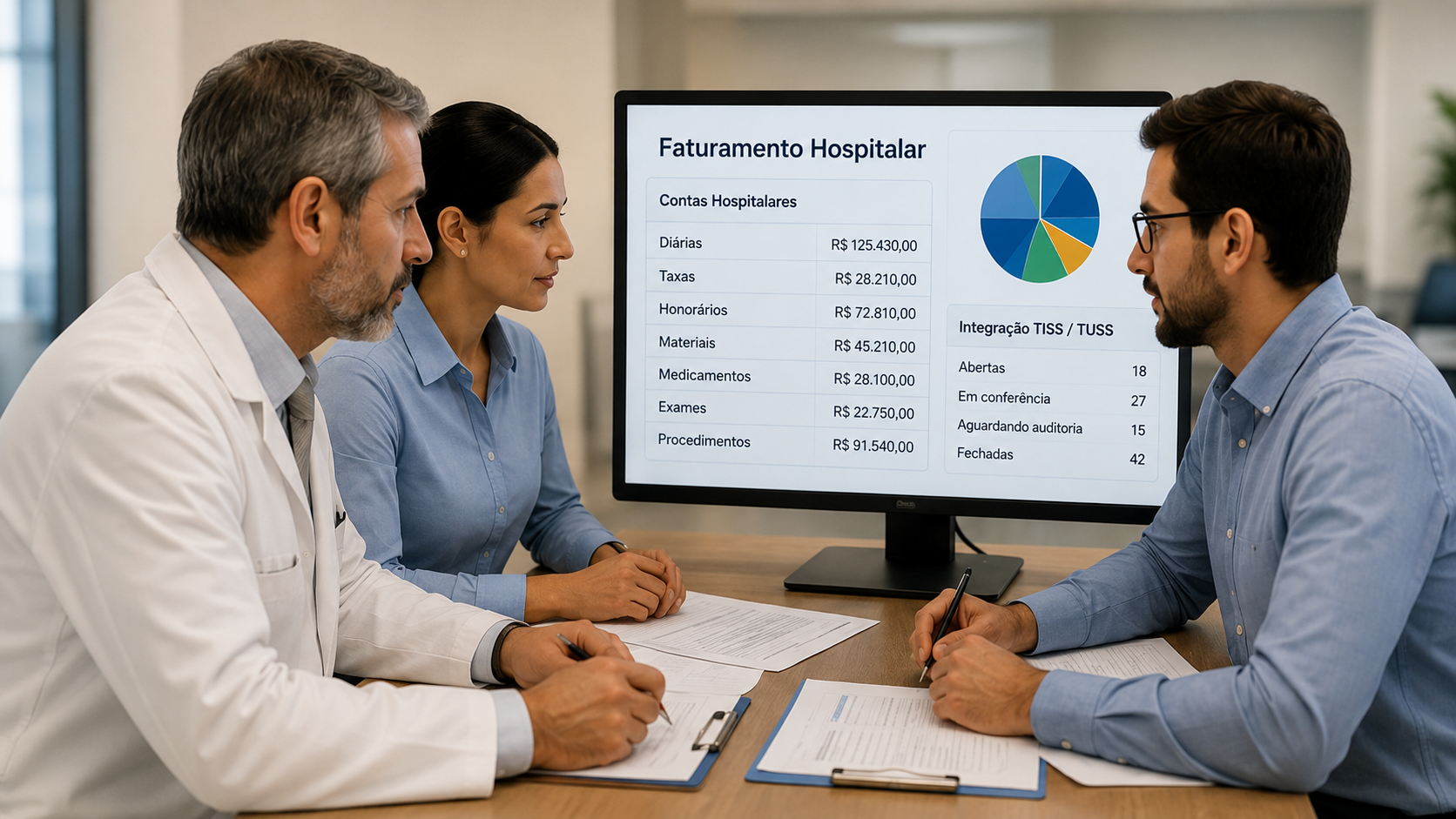 Equipe organizando faturamento hospitalar com guias TISS e códigos TUSS