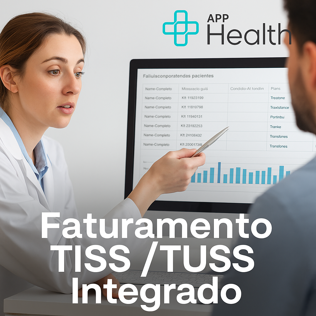 Profissional de saúde utilizando sistema de gestão para faturamento TISS/TUSS.