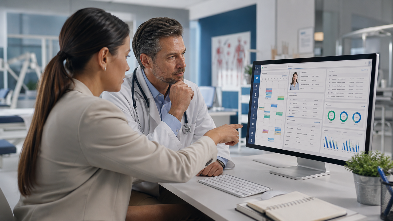 Sistema para clínicas médicas exibindo agenda, prontuário eletrônico e indicadores de gestão