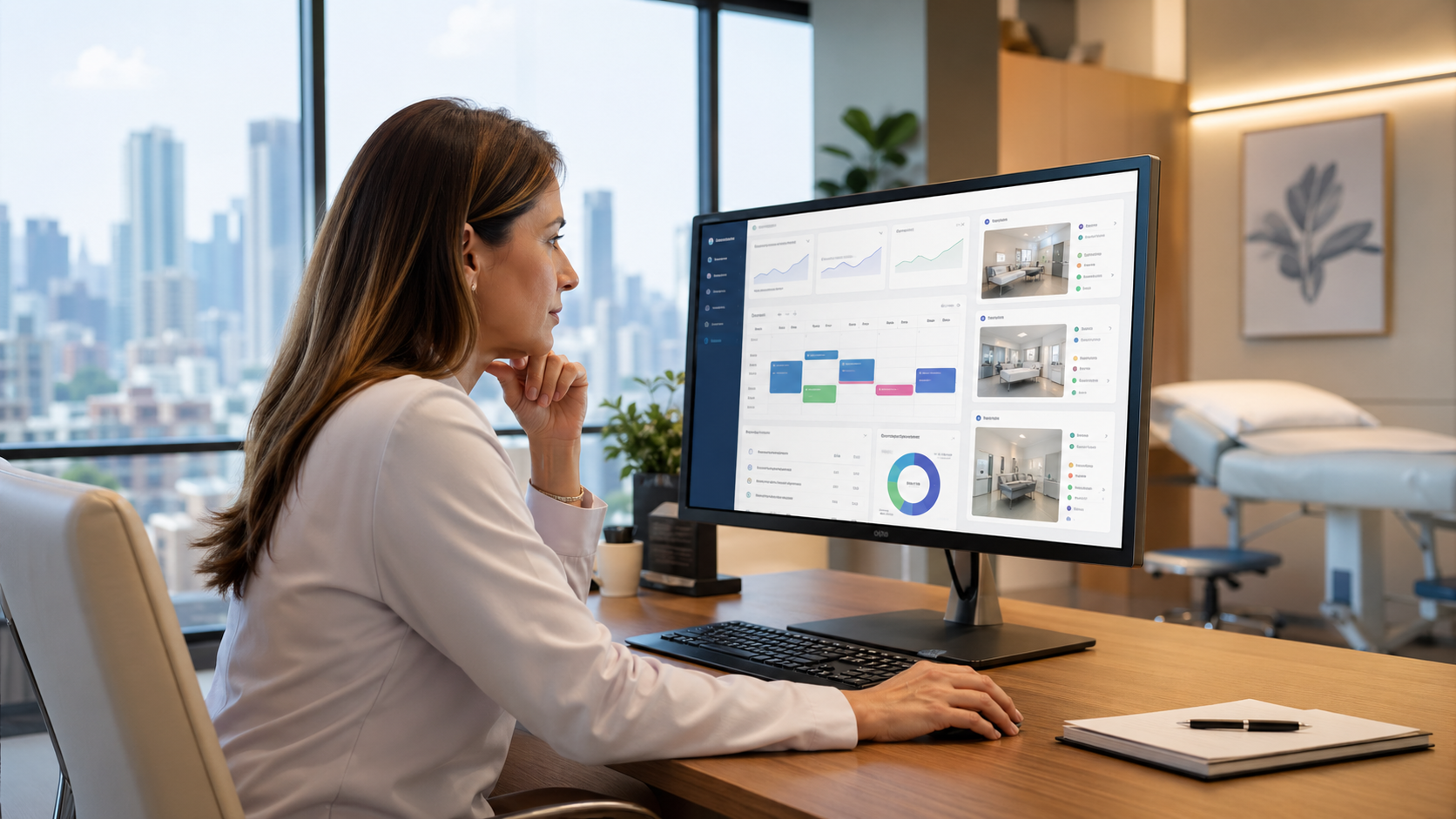 Gestora escolhendo software para clínica pequena, média ou grande com agenda, prontuário e indicador