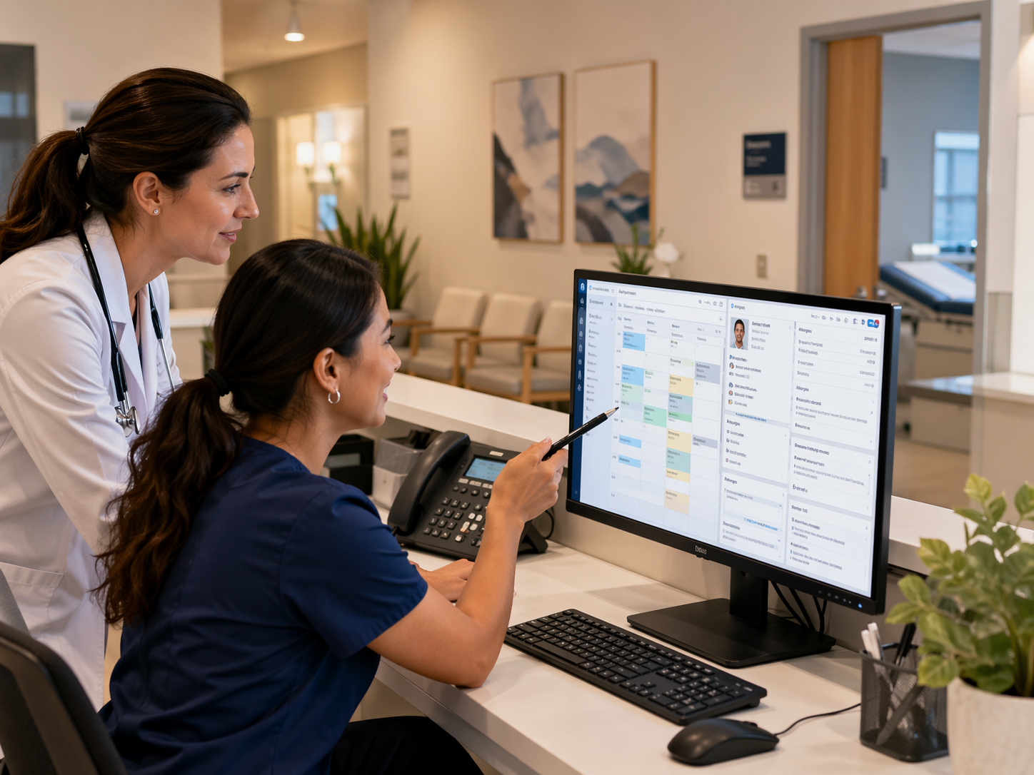 Médica e recepcionista usando software para clínica pequena com agenda e prontuário organizados