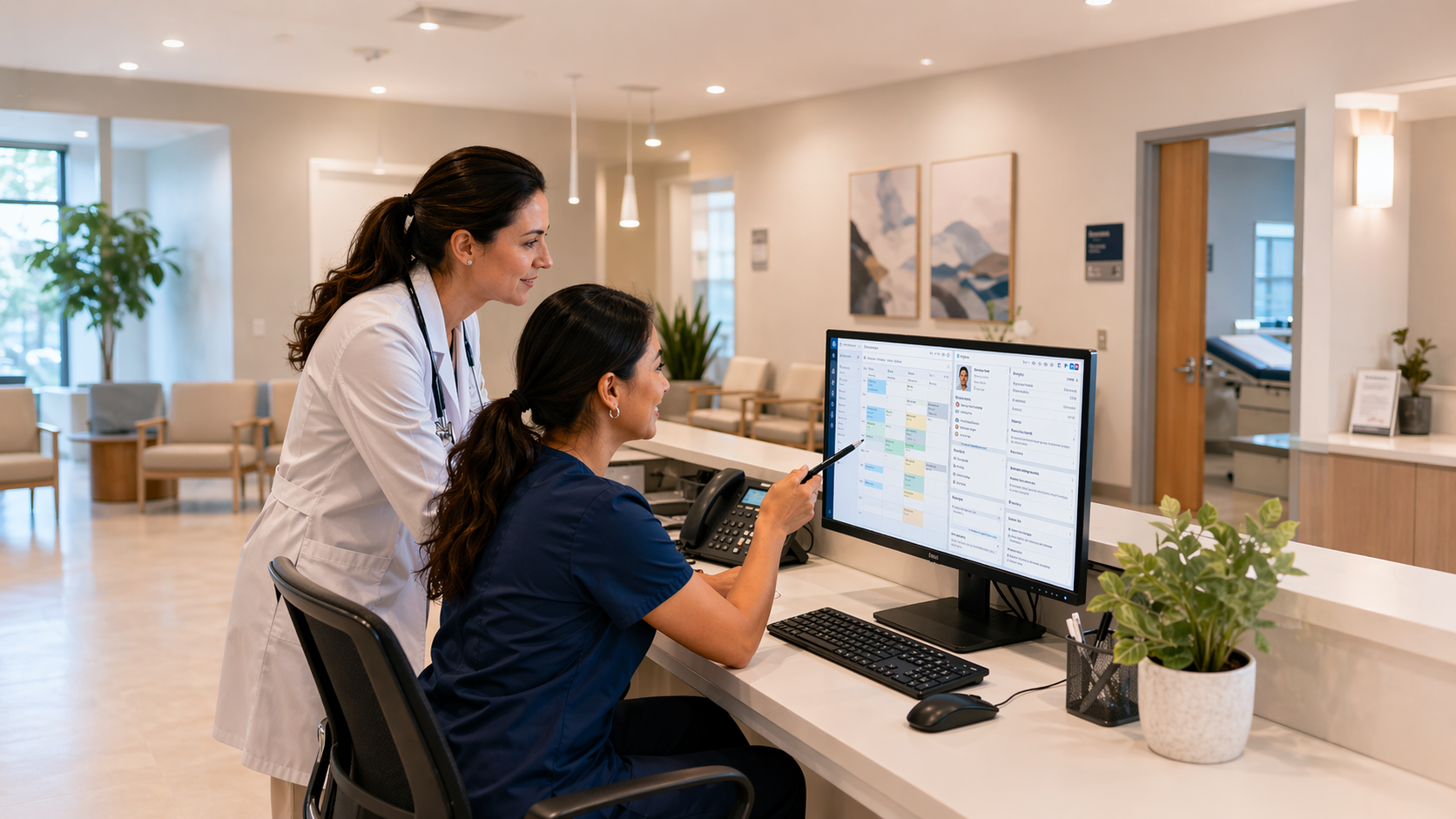 Médica e recepcionista usando software para clínica pequena com agenda e prontuário organizados