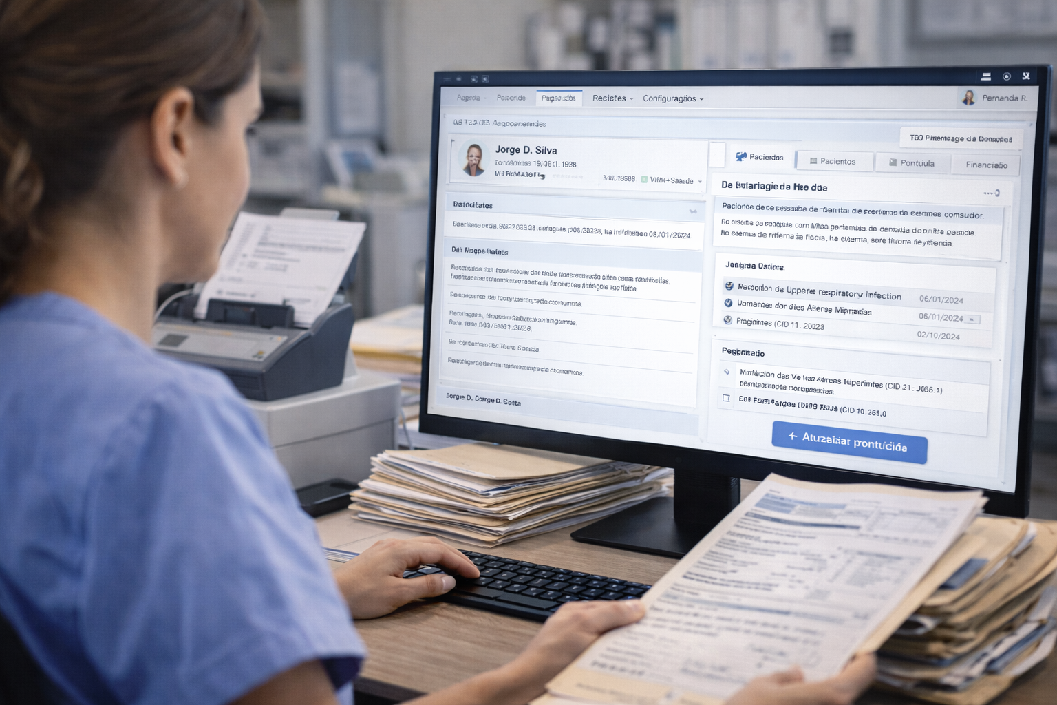 Médica utilizando IA no prontuário eletrônico para organizar informações após a consulta