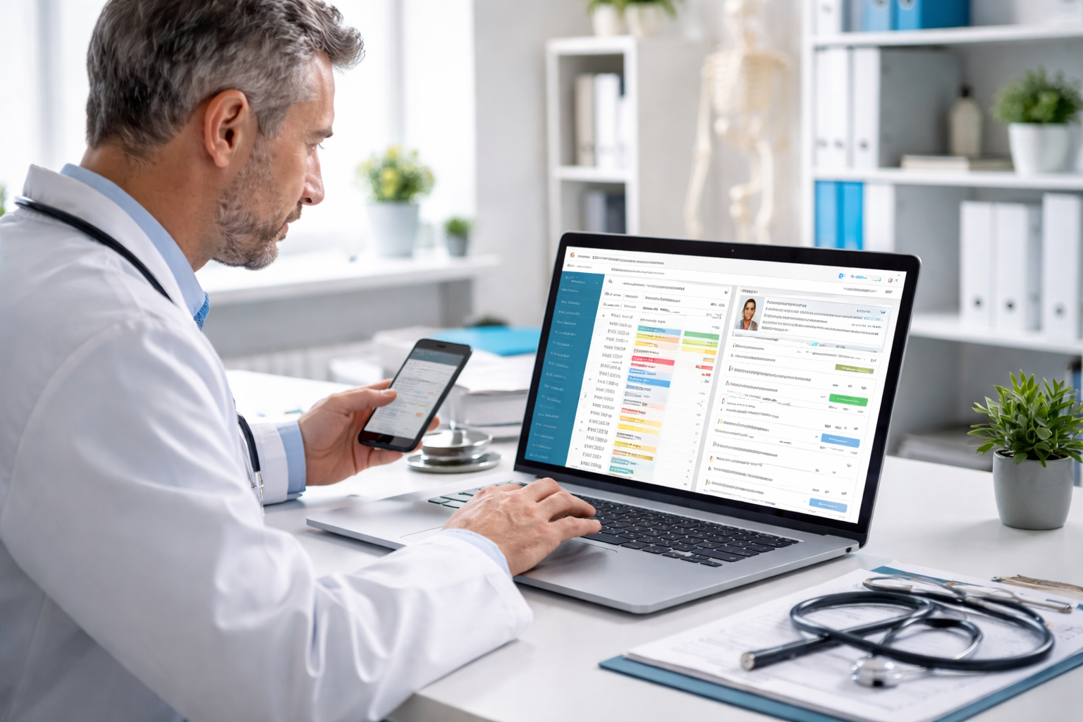 Médico usando software médico no consultório para agenda médica e prontuário eletrônico