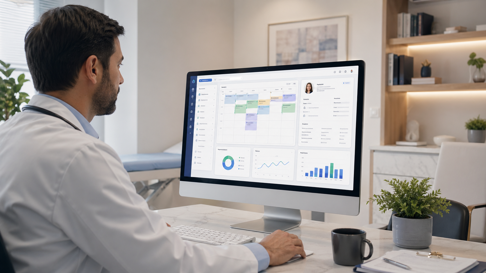 Profissional de saúde analisando um sistema de gestão clínica no computador.
