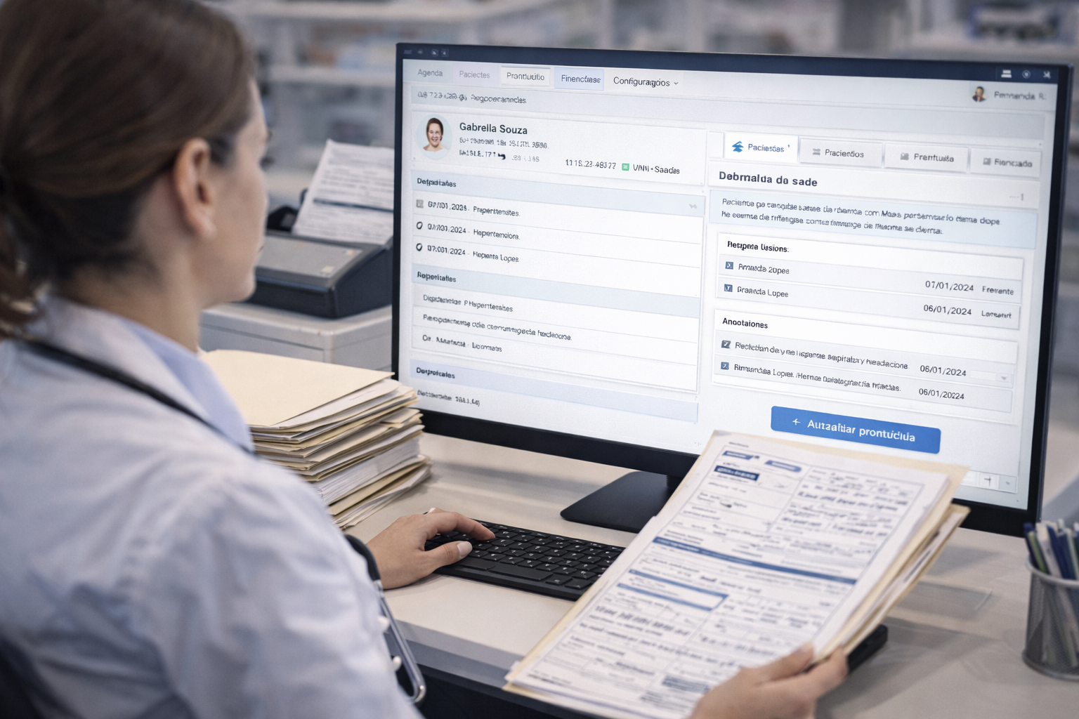 Profissional de saúde migrando prontuário em papel para sistema eletrônico em clínica