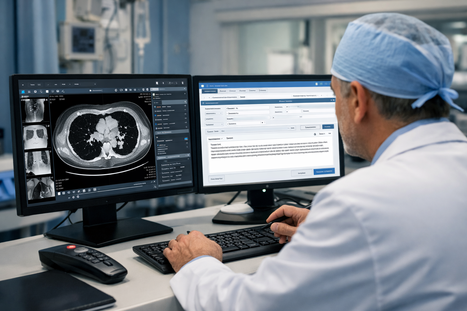 Radiologista laudando exame em plataforma de telerradiologia com integração ao prontuário eletrônico em hospital
