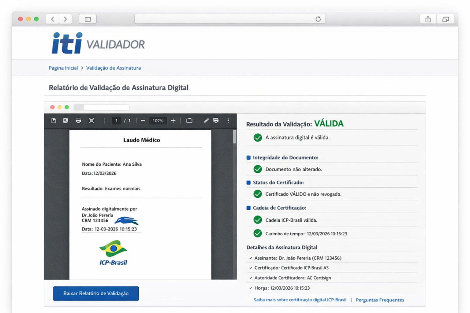 Tela do ITI Validador exibindo relatório de validação de assinatura digital ICP-Brasil em documento